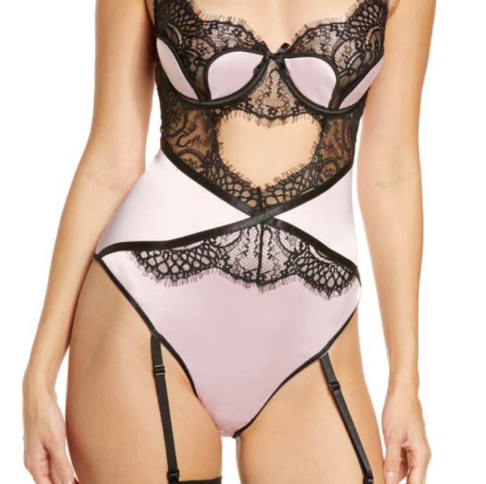 Pink and Black Lace Teddy w Garters